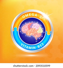 Label Aluminum Round Shape Healthy Brain Human. Fish Oil Omega 3, DHA And Vitamin B12. Foods Vitamins Minerals Logo Products Template Design. Medical Food Supplement Concepts. 3D Vector EPS10.