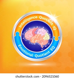 label aluminum round shape. IQ EQ Emotional intelligence. Heart and brain on balanced scale symbol. Intelligence Quotient and Emotional Quotient of a child. 3D Vector EPS10.