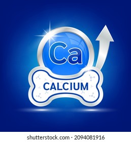 label aluminum silver calcium Ca. Foods vitamins minerals logo products template design in bone form. Medical food supplement concepts. Vector EPS10. Isolated on a blue background.