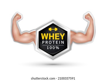 Label Aluminum Whey Protein. Male Arm With A Big Strong Bicep. Tense Flex Muscles Of Sportsman. Dietary Supplement For Bodybuilding And Fitness. Sport Medical Concept. On A White Background 3D Vector.