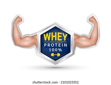 Label Aluminum Whey Protein. Male Arm With A Big Strong Bicep. Tense Flex Muscles Of Sportsman. Dietary Supplement For Bodybuilding And Fitness. Sport Medical Concept. On A White Background 3D Vector.