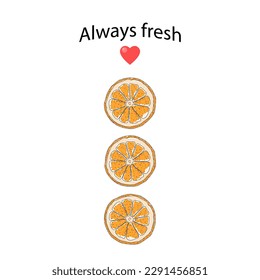 Etiqueta "Siempre fresca" con naranjas, ilustración vectorial, pancarta, cartón