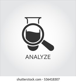 Label of analyze or diagnosis as tube and magnifier. Simple black icon. Logo drawn in flat style. Black shape pictograph for your design needs. Vector contour silhouette on white background.