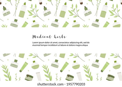 Label with apothecary bottles and leaves. Natural organic herb. Homeopathy, naturopathy. Complementary, alternative, integrative, holistic medicine. Vector flat cartoon illustration