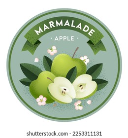 Label of apple marmalade. Whole and cut fruits, apple seeds, leaves and flowers with ribbon. Illustration with Grain and Noise texture.