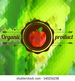 Label with apple on color background made of triangles. Vector background with geometric shapes.