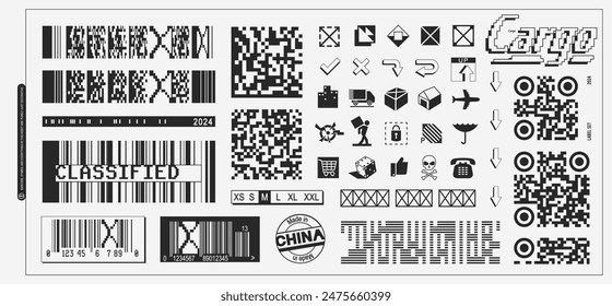 Label asset vector. decorative symbol and barcode set for label design