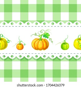 label or background template with ripe orange pumpkins on chequered backdrop in retro country style for package or product design. vector seamless plaid backdrop with squash. cute organic food design