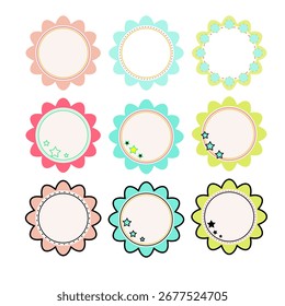 Label, badge, colored circle stickers set with wavy edge graphic illustration