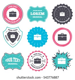 Label and badge templates. Case sign icon. Briefcase button. Retro style banners, emblems. Vector