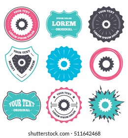 Label and badge templates. Cog settings sign icon. Cogwheel gear mechanism symbol. Retro style banners, emblems. Vector