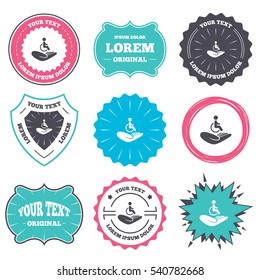 Label and badge templates. Disabled human insurance sign icon. Hand holds wheelchair man symbol. Health insurance. Retro style banners, emblems. Vector