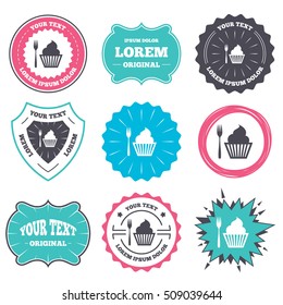 Label and badge templates. Eat sign icon. Dessert trident fork with muffin. Cutlery symbol. Retro style banners, emblems. Vector