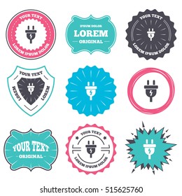 Label and badge templates. Electric plug sign icon. Power energy symbol. Lightning sign. Retro style banners, emblems. Vector