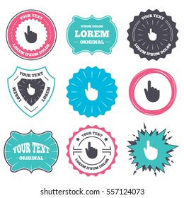 Label and badge templates. Hand cursor sign icon. Hand pointer symbol. Retro style banners, emblems. Vector