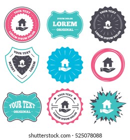 Label and badge templates. Home and hand sign icon. Palm holds house symbol. Retro style banners, emblems. Vector