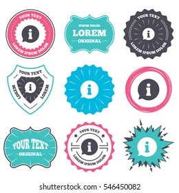 Label and badge templates. Information sign icon. Info speech bubble symbol. Retro style banners, emblems. Vector