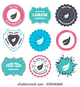 Label and badge templates. Leaf sign icon. Fresh natural product symbol. Retro style banners, emblems. Vector