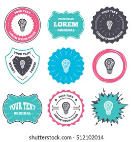 Label and badge templates. Light lamp sign icon. Bulb with gears and cogs symbol. Idea symbol. Retro style banners, emblems. Vector