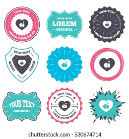 Label and badge templates. Love Bowling game sign icon. Ball with pin skittle symbol. Retro style banners, emblems. Vector