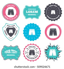 Label and badge templates. Men's Bermuda shorts sign icon. Clothing symbol. Retro style banners, emblems. Vector