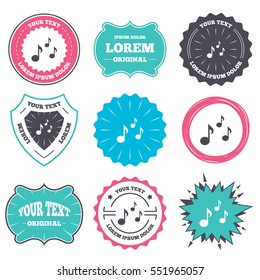 Label and badge templates. Music notes sign icon. Musical symbol. Retro style banners, emblems. Vector