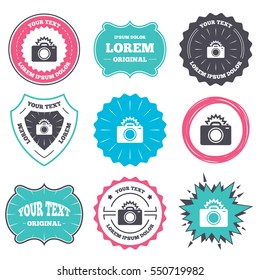 Label and badge templates. Photo camera sign icon. Photo flash symbol. Retro style banners, emblems. Vector