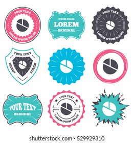 Label and badge templates. Pie chart graph sign icon. Diagram button. Retro style banners, emblems. Vector