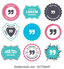 Label and badge templates. Quote sign icon.  Double quotes at the end of words. Retro style banners, emblems. Vector