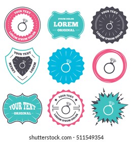 Label and badge templates. Ring sign icon. Jewelry with diamond symbol. Wedding or engagement day symbol. Retro style banners, emblems. Vector