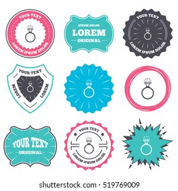 Label and badge templates. Ring sign icon. Jewelry with shine diamond symbol. Wedding or engagement day symbol. Retro style banners, emblems. Vector