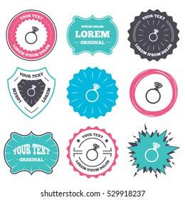 Label and badge templates. Ring sign icon. Jewelry with diamond symbol. Wedding or engagement day symbol. Retro style banners, emblems. Vector