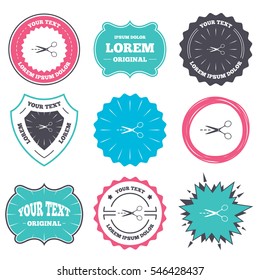 Label and badge templates. Scissors with cut dash dotted line sign icon. Tailor symbol. Retro style banners, emblems. Vector