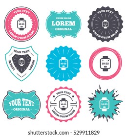 Label and badge templates. Smart watch sign icon. Wrist digital watch. Wi-fi and battery energy symbol. Retro style banners, emblems. Vector