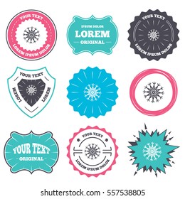 Label and badge templates. Snowflake artistic sign icon. Christmas and New year winter symbol. Air conditioning symbol. Retro style banners, emblems. Vector