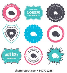 Label and badge templates. Speech bubbles icon. Chat or blogging sign. Communication symbol. Retro style banners, emblems. Vector