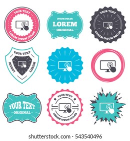 Label and badge templates. Touch screen monitor sign icon. Hand pointer symbol. Retro style banners, emblems. Vector