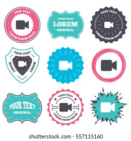 Label and badge templates. Video camera sign icon. Video content button. Retro style banners, emblems. Vector
