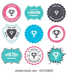 Label and badge templates. Volleyball sign icon. Beach sport symbol. Winner award cup. Retro style banners, emblems. Vector