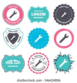 Label and badge templates. Wrench key sign icon. Service tool symbol. Retro style banners, emblems. Vector
