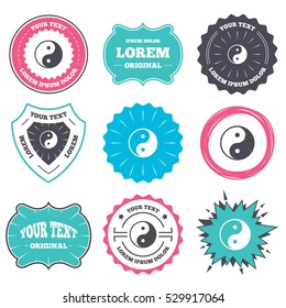 Label and badge templates. Ying yang sign icon. Harmony and balance symbol. Retro style banners, emblems. Vector