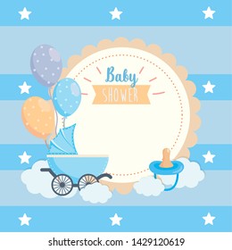 label of balloons and pacifier with carriage decoration