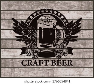 Label or banner for craft beer with overflowing glass of frothy beer, hops and wings on the background of the wooden planks. Decorative vector emblem or illustration, suitable for pub, bar, brewery