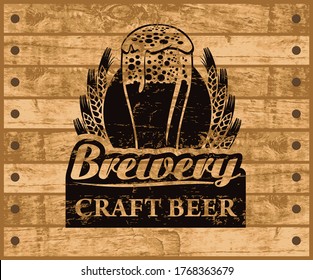 Label or banner for craft beer with overflowing glass of frothy beer, ears of wheat and inscriptions on background of wooden planks. Vector emblem or illustration in retro style for brewery, pub, bar