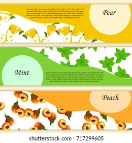 label or banner of fresh green pear, mint and peach juice. Vector square label, pear jam, sauce or juice label. Fresh and healthy fruits concept
