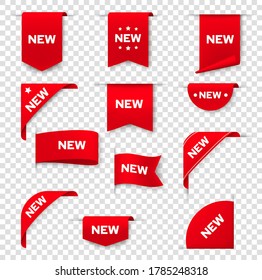 Label Banners For Web Page, NEW Tag Badges, Vector Icons. Red Sticker Signs, Corner Label Banners And Ribbons For Product Promotion Sale, New Arrival In Store And Online Shop Special Price Offers