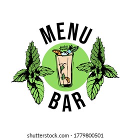 Etiqueta de la barra. Etiqueta del menú de la barra con un cóctel y texto, menta. Logo del menú con cócteles, limonadas, bebidas alcohólicas en forma de círculo