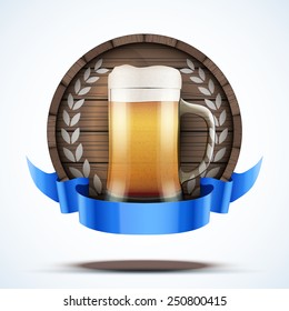 Label Beer barrel keg with beer glass and ribbon. Vector Illustration isolated on white background.