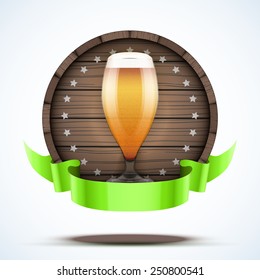 Label Beer barrel keg with beer glass and ribbon. Vector Illustration isolated on white background.