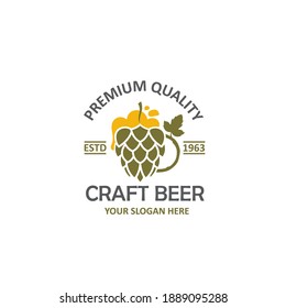 label of beer glass and hops isolated on white background